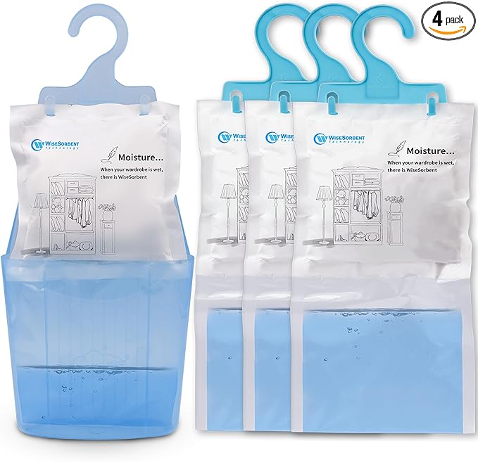 Moisture Absorber Packets with Plastic Case & Hook, Odor Eliminator, Leak Proof, Fragrance Free, Humidity Packs, Hanging Closet Dehumidifier Bags, Moisture Absorber (4 Packs) by Wisesorb