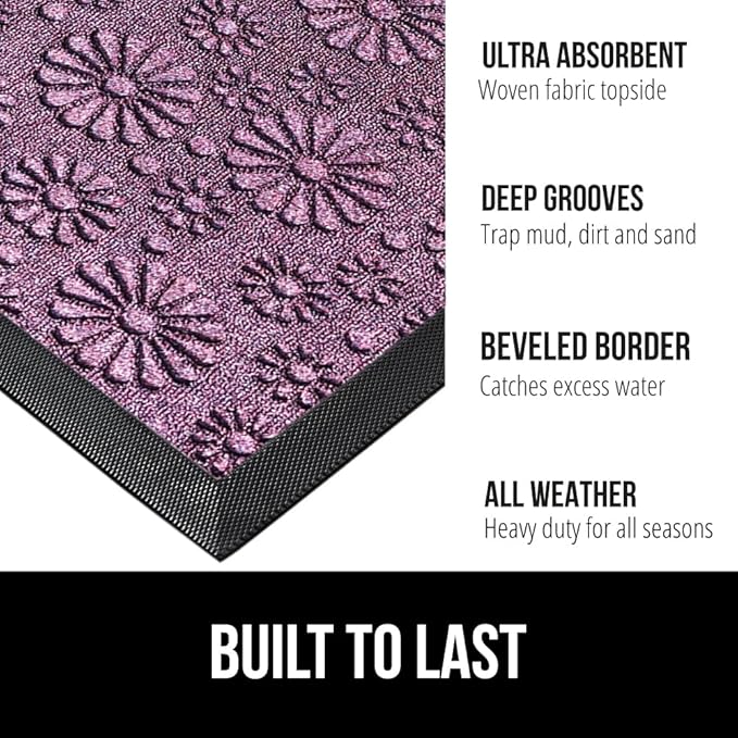 GORILLA GRIP 100% Waterproof All-Season WeatherMax Doormat, Durable Natural Rubber, Stain and Fade Resistant, Low Profile, Indoor Outdoor Door Mats, Easy Clean Entry Mat, 17x29, Purple Confetti Daisy - Image 2