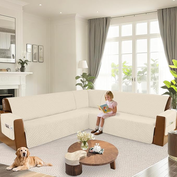 Arfntevss Waterproof Sectional Couch Covers L Shape Washable Velvet Sofa Cover for Sectional Non Slip Large Corner Slipcovers Dog 6 Pcs Universal U Shaped Furniture Protector (Beige, Large) - Image 6