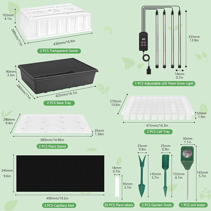 120-Cell Self-Watering Seed Starter Tray with Grow Light, 1–24H Timer, Humidity Dome, Soil pH Meter, Gloves, Seedling Tools – Indoor Seed Starting Kit for Plant Germination, Herbs, Vegetables, Flowers - Image 6