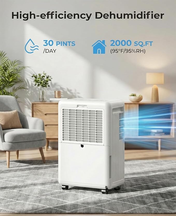 2000 Sq.ft Dehumidifier for Basement, Trazico 30 Pint Dehumidifiers for Home Large Room Bedroom Bathroom with Drain Hose, Intelligent Humidity Control, 3 Modes, 24H Timer, Auto Defrost, White - Image 2
