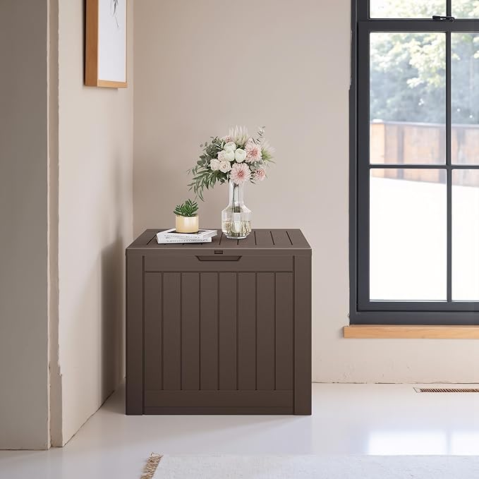 JUMMICO 42 Gallon Deck Box Waterproof, Resin Outdoor Storage Box with Side Handles, Outdoor Storage Benches Lockable for Patio Cushions and Garden Tools (Brown) - Image 5