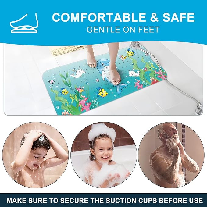 XIYUNTE Baby Bath Mat for Tub Non Slip Kids Bath Mat - 40''x16'' Extra Long Cartoon Bathtub Mat Non Slip Kids Shower Mat Eco-Friendly Toddler Bath Mats with Suction Cups, Machine Washable - Image 8