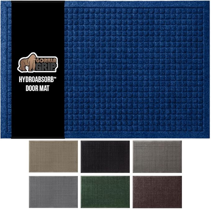 GORILLA GRIP Front Door Mat, Indoor Outdoor Ultra Absorbent HydroAbsorb Doormat, Absorbs Up to 1.7 Cups of Water, Stain and Fade Resistant, Rubber Backing Doormats, Captures Dirt, 29x17 Blue by GorillaGrip