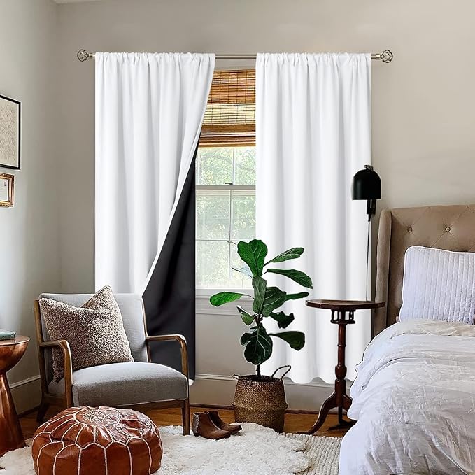 BGment 100% Blackout Curtains for Bedroom with Black Liner, Double Layer Full Room Darkening Thermal Insulated and Noise Reducing Rod Pocket Curtain (55 x 84 Inch, Pure White, 2 Panels) - Image 2