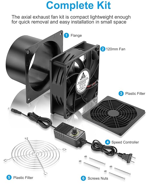GDSTIME 120mm x 38mm 12V DC Axial Fan with 4 Inch Duct Flange Variable Speed Controller, 110V 120V AC Powered, Small Air Exhaust Fume Smoke Extractor Kit for Soldering, 3D Printer Enclosure - Image 7