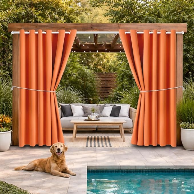 DIVA EN CAMINO DEC Outdoor Patio Curtain Waterproof Darkening Thermal Insulated Indoor Curtains for Bedroom, Porch, Living Room, Pergola, Cabana, W84 x L95, Orange, Set of 2 Panels by DivaenCamino