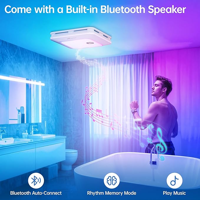 Bathroom Exhaust Fan with Bluetooth Speaker, 230 CFM 1.0 Sone Bathroom Exhaust Fan with Light, 3 Dynamic Light, 7 LED Color, 3 Color Temperatures, Nightlight,Remote, Easy Install (White) - Image 8