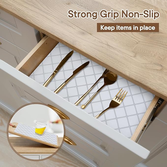 Shelf and Drawer Liner for Kitchen Cabinets Non-Adhesive, Strong Grip Non-Slip Thickened Cabinet Liners for Shelves, Waterproof Mats for Dresser Cupboard, Silver Stripe, 12 in x 20 Feet - Image 2