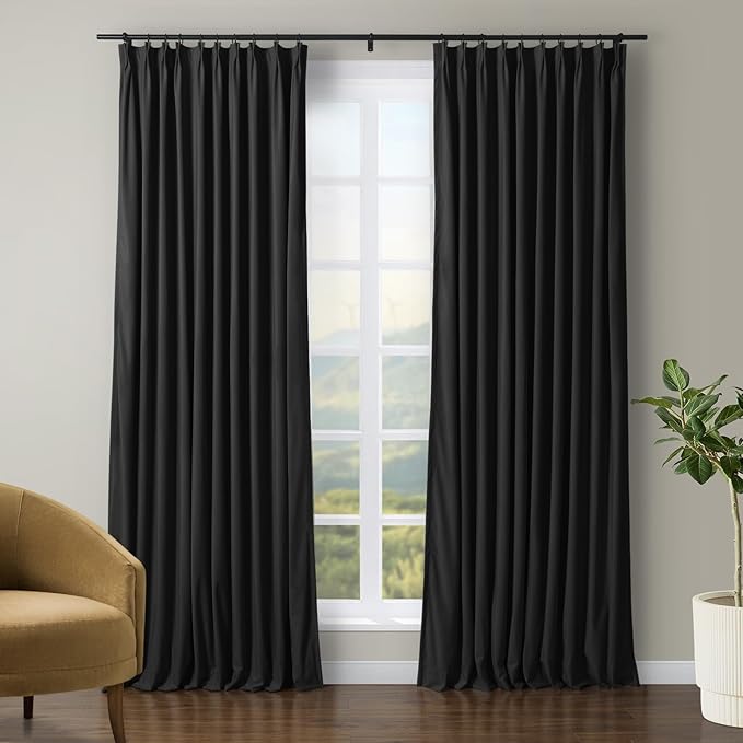 TWOPAGES Luxury Velvet Curtain Pinch Pleated Black Curtain 108 inch Long Thermal Insulated Blackout Drapes for Bedroom Living Room Indoor Window (1 Panel,Black,100Wx108L) by TWOPAGES