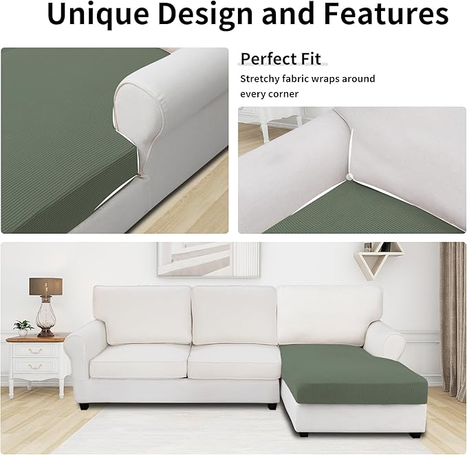 Easy-Going Stretch Sectional Couch Covers 1 Piece Chaise Lounge Slipcover L Shape Separate Cushion Couch Seat Chaise Cover for Both Left/Right Sectional Couch Grayish Green - Image 3