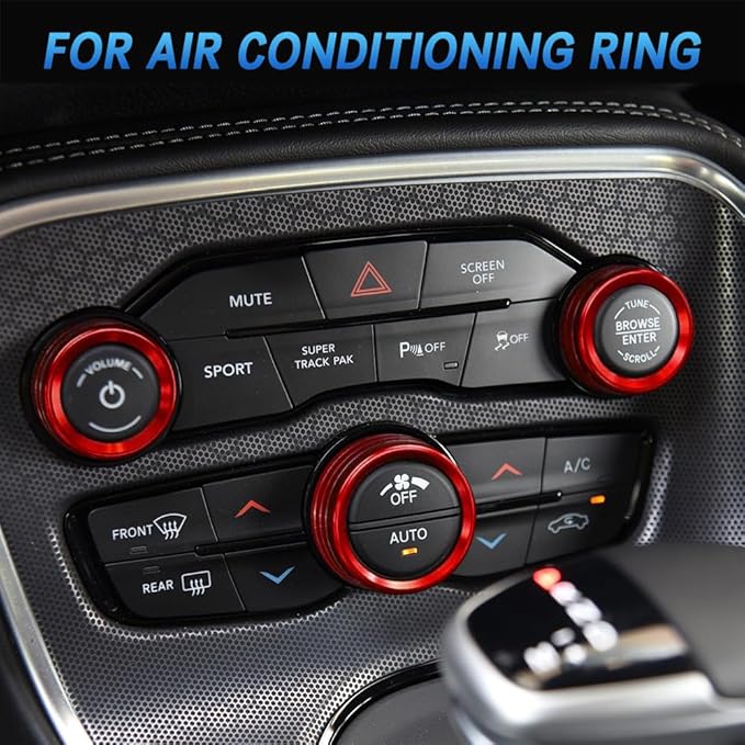 3PCS Air Conditioner Switch Button Knob Cover, Auto Accessories Climate Control Knob Covers, Aluminum Alloy Knob Ring Trim Cover Compatible with Dodge Challenger Durango 2015-2022 (Red) - Image 2