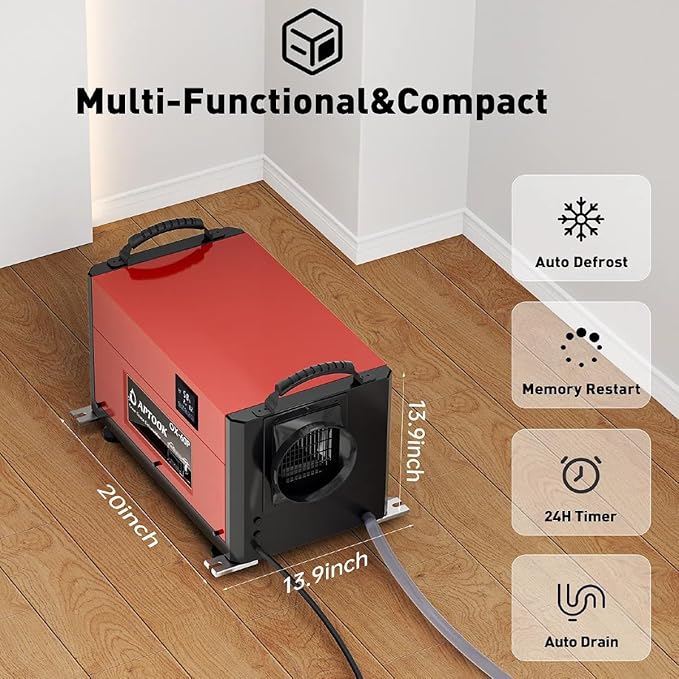 110 Pints Commercial Dehumidifier with Drain Hose, Crawl Space Dehumidifier for Water Damage Restoration, Flood Repair, Crawlspace and Basement, Red - Image 7