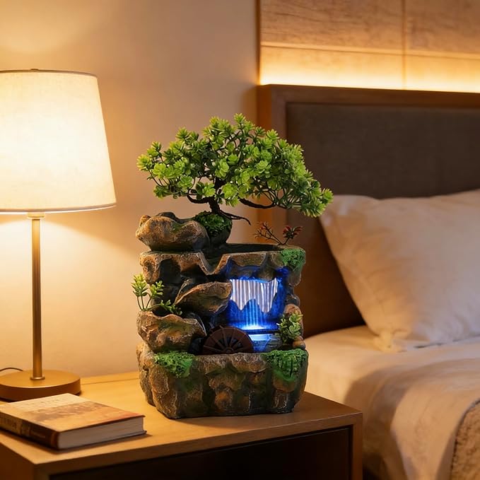 11.81" Tabletop Rockery Fountain Indoor Waterfall Bonsai Desktop Mini Rockery Water Fountain with Automatic Pump and LED Light, Home Office Bedroom Humidifier Desk Decorate - Image 6