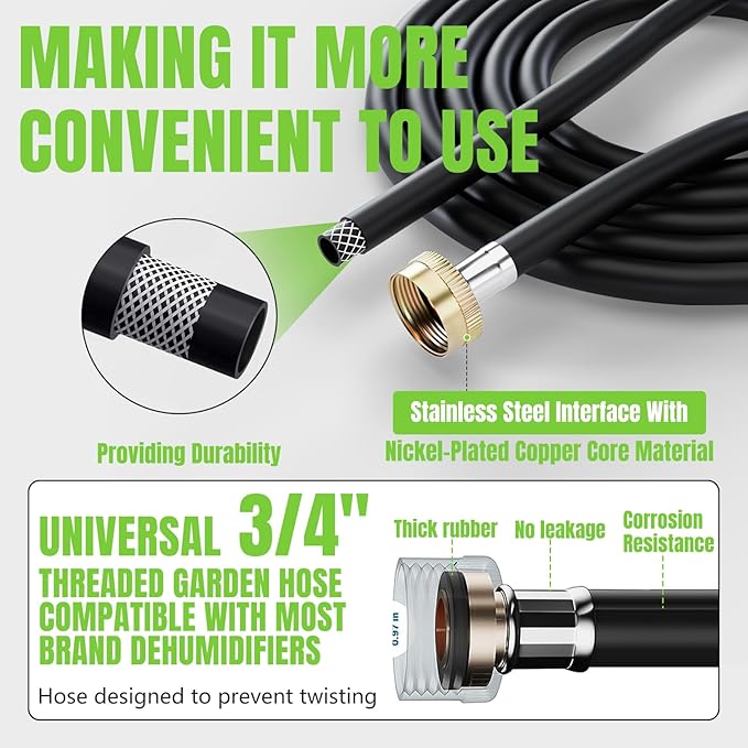 8FT Dehumidifier Drain Hose 3/4" FHT,Leakproof Dehumidifier Hose with Rustproof Durable Connector,Thickened drain hose for dehumidifier indoor,Perfectly Compatible with Most Brands of Dehumidifiers - Image 2