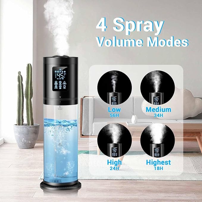 8L/2.1 Gal Humidifiers for Bedroom Large Room, 4 Levels Cool Mist Humidifier with Clear Tank, 7 Color Lights Essential Oil Diffuser with 16H Timer, Top Fill Air Humidifier for Home Plants Office - Image 2