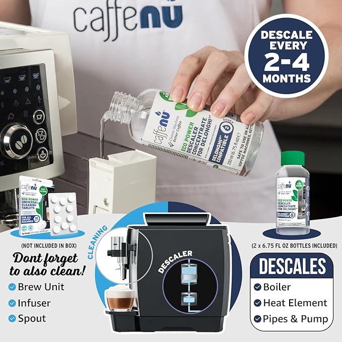 Delonghi Compatible Descaling Solution. 2 Bottles of Descaler Solution. Descaling Kit Removes Limescale For Hotter Coffee. 4 Uses Descaler For Delonghi Coffee Machines. - Image 6