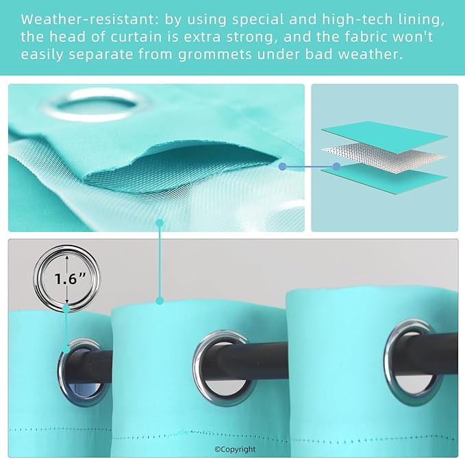 Waterproof Outdoor Curtain W52 x L84 - Grommet Top Sunlight Blocking Window Treatment Drapes Blackout Curtains for Home Bedroom Living Room Outdoor Patio Porch Pergola (Teal Blue, 2 Panels) - Image 3
