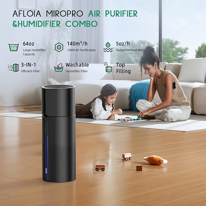 Afloia Air Purifier with Humidifier Combo, 2 in 1 3-Stage Filters for Bedroom Pets Hair Smoker Odors, Evaporative Humidifier, Auto Shut Off, Quiet Air Cleaner with Seven Color Light, Black - Image 3