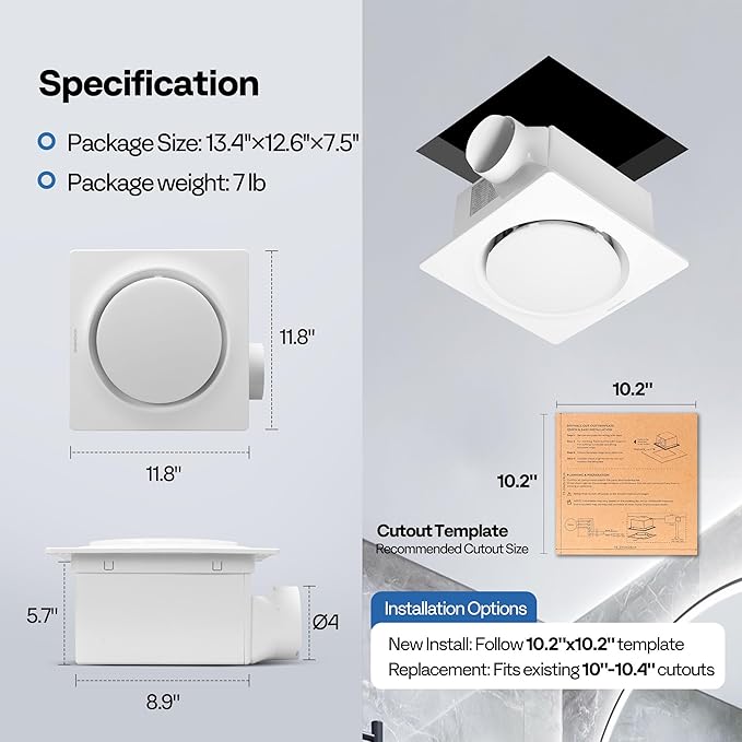 VIVOHOME Autoflow Bathroom Exhaust Fan with Light & Humidity Sensor (30-110-160CFM) - 2700K/4000K/5700K & EC Motor, Retrofit Ceiling Mount Bath Fan, No Attic Access Needed (Install Kit, 4-in Duct) - Image 7