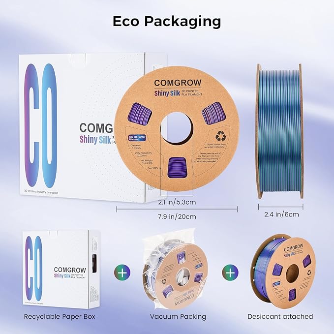 Comgrow Tri-Colors Silk PLA 3D Printer Filament, Rainbow PLA Filament 1.75mm, Dimensional Accuracy +/- 0.02 mm, 1KG Spool, Coextrusion 3D Filament with Shiny Silk Copper-Green-Purple - Image 4