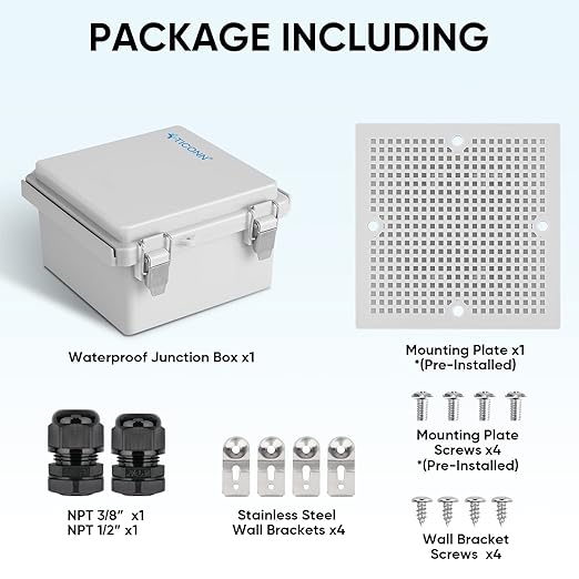 TICONN Waterproof Electrical Junction Box IP67 ABS Plastic Enclosure with Hinged Cover with Mounting Plate, Wall Brackets, Cable Glands (Off-White, 5.9"x5.9"x3.5") - Image 6
