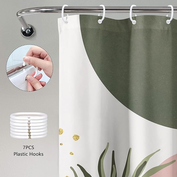 Small Stall Boho Shower Curtain 36Wx72H RV Green Pink Modern Mid Century Abstract Leaves Plant Minimalist Geometric Bathroom Decor Half Narrow Standing Bath Curtain Fabric Polyester 7 Pack Hook - Image 5