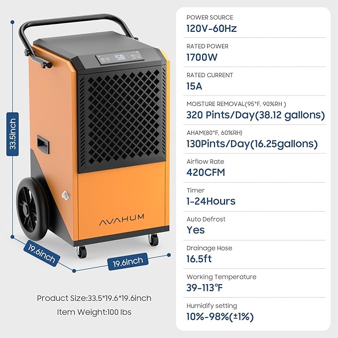 Commercial Dehumidifier for Basement,320 Pint Commercial Grade Dehumidifiers,9500 sqft Large Spaces for Industrial, 24H Timer,38 Gallon/Day,Continuous Dehumidification,Auto Defrost,For 20A Socket - Image 4