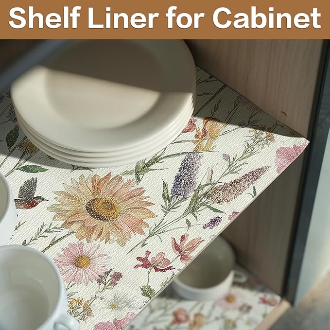 Floral Drawer and Shelf Liner for Kitchen Cabinets Non-Adhesive Drawer Liner Non-Slip Daisy Shelf Liners Strong Grip Waterproof Easy to Clean Cabinet Liners for Dresser Cupboard 12IN × 16.4FT - Image 7