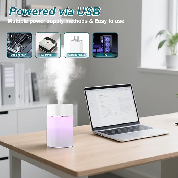 Small Humidifier for Plant, Cool Mist Mini Humidifiers for Bedroom, Desk Personal Humidifiers for Indoor Office Car, Portable Humidifier for Travel -White 400ml - Image 6