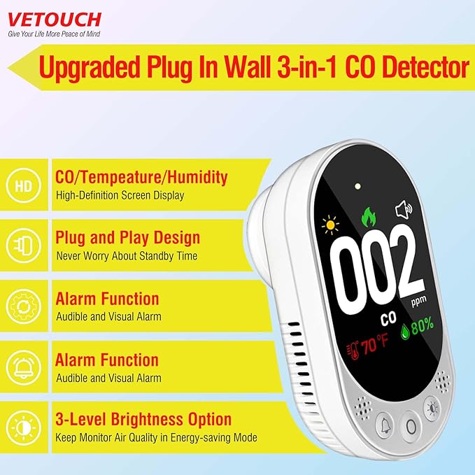 Plug-in Carbon Monoxide Detector with Digital Color Display CO Detector for CO, Temperature & Humidity, 85dB Loud Alert, Self Test Function vetouch CO Detector, for Home, Bedroom, Kitchen, RV - Image 2