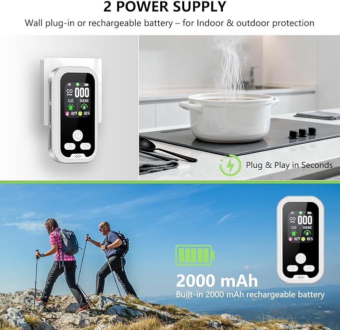 5-in-1 Carbon Monoxide Detectors Combo Smoke, Natural Gas Leak, CO Alarm, Temp/Humidity Sensor, Plug in & Portable Backup Battery CO Detector with HD Display with for Travel, Home, RV (1 Pack) - Image 5