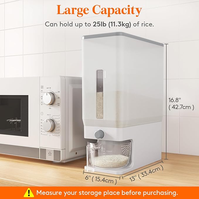 Lifewit Rice Dispenser 25 Lbs(11.3kg), Rice Storage Container Sealed Moisture Proof with Measuring Cup for Kitchen Pantry Household, BPA-Free, 1 Pack Clear - Image 3