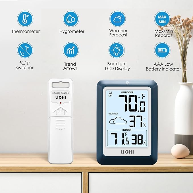 Indoor Outdoor Thermometer Wireless Weather Station, Internal External Thermometer Hygrometer, Home Batteryoperated Temperature Humiditymonitors330 Feet (About 100 Meters) Backlight Display (Blue) - Image 6