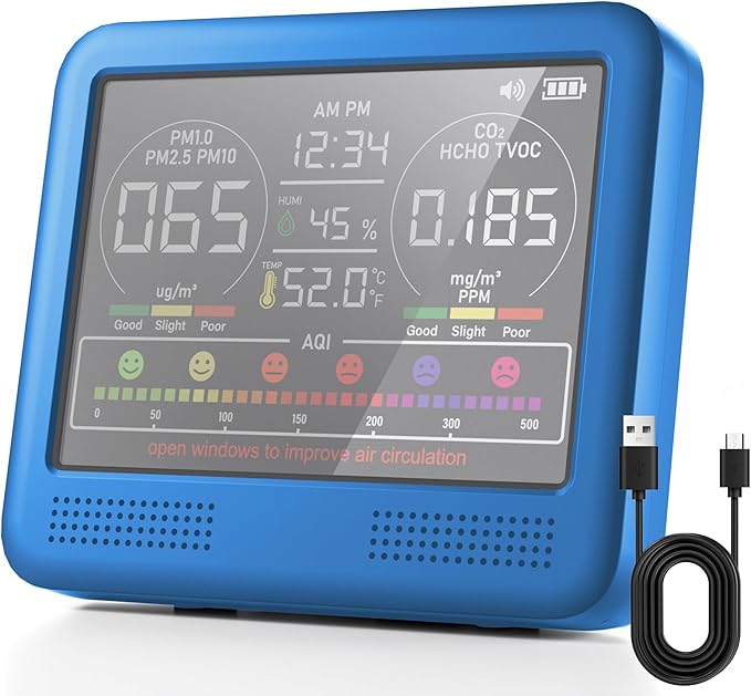 16-in-1 Indoor Air Quality Monitor with PM1.0,PM2.5,PM10,CO2,HCHO,TVOC,Temperature,Humidity,Time Display &7 AQI Alarms – Professional Air Quality Tester for Home, Office & Indoor Use (Lake Blue) by Unknown