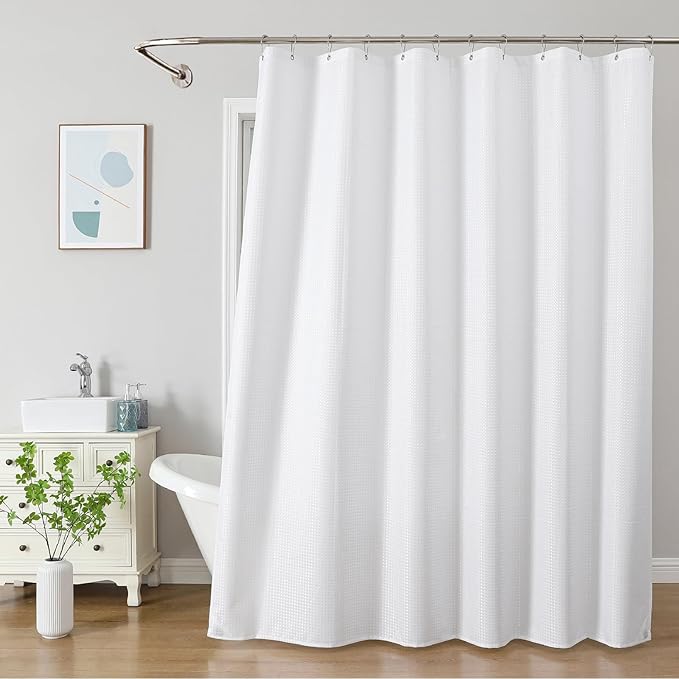 2-in-1 Waterproof Fabric Shower Curtain - No Separate Liner Needed, Hotel-Style Waffle Weave, Effortless Cleaning & Washable Bathroom Shower Curtain Set,72Wx84H,White - Image 2
