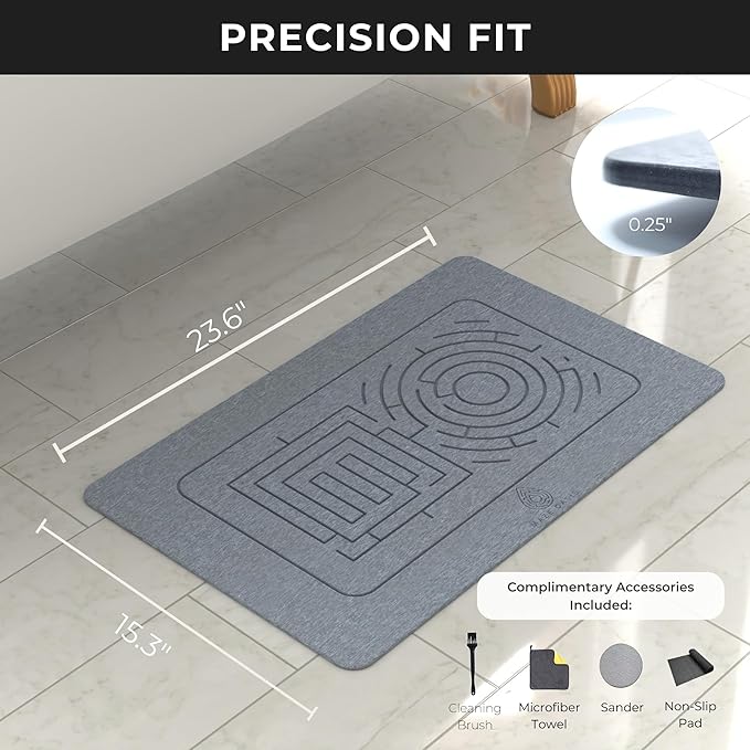 Stone Bath Mat Set (2 Pack) [Bath & Kitchen System] – Diatomaceous Earth Bathroom Mat & Stone Drying Mat for Kitchen Counter – Non Slip, Engraved Airflow – Serenity Ash - Image 2