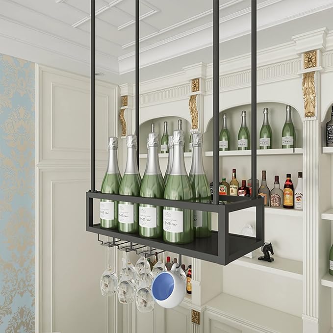 Hanging Black Wine Glass Holder Metal Wine Bottle Rack for Kitchen Bar Upside Down Stemware nizer Under Cabinet 60 x 25 x 21 cm - Stylish Ceiling Storage Solution - Image 4