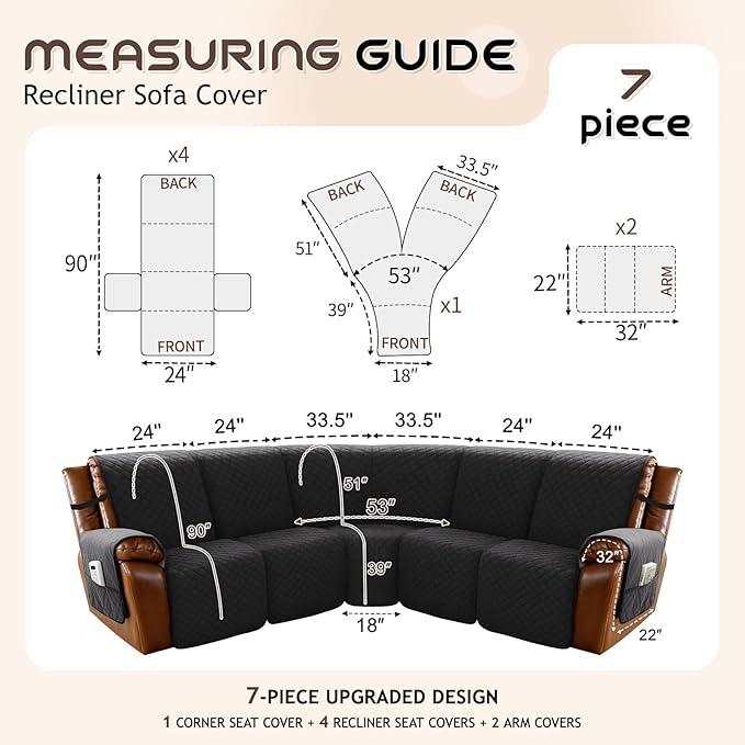 Arfntevss Waterproof Recliner Sectional Couch Covers for Reclining Sectional L Shape Sofa Cover Non Slip Washable Recliner L Shaped Slipcover Sets for Dog Furniture Protector (5 Seater, Inky Black) - Image 5