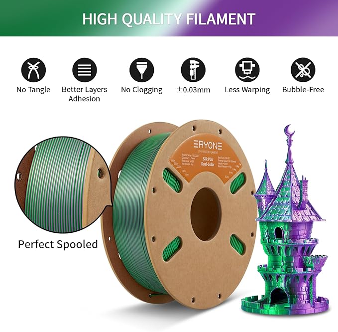 ERYONE Silk Dual Color PLA Filament 3D Printer 1.75mm +/- 0.03mm, Bicolor Filament Two Tone PLA 1KG(2.2lbs) Cardboard Spool, Purple Green - Image 5