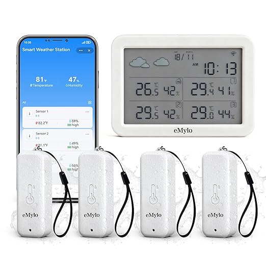 eMylo WiFi Hygrometer Thermometer 5 Pack, Smart Digital Indoor Temperature Humidity Monitor 426Ft Rang with 4 IP65 Wireless Sensors Outdoor Kit, App Alerts, Free Data Storage Export, Works with Alexa by eMylo