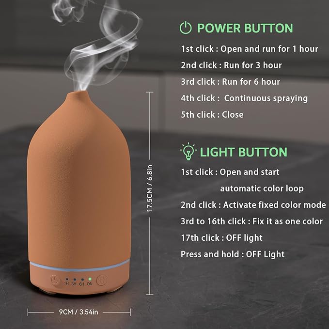 200ML Ceramic Essential Oil Diffuser - Ultrasonic Aromatherapy & Humidifier with 7-Color LED Lights, Auto Shut-Off, Brown, 1H/3H/6H Timer | Scent for Home,Office,Yoga - Image 4