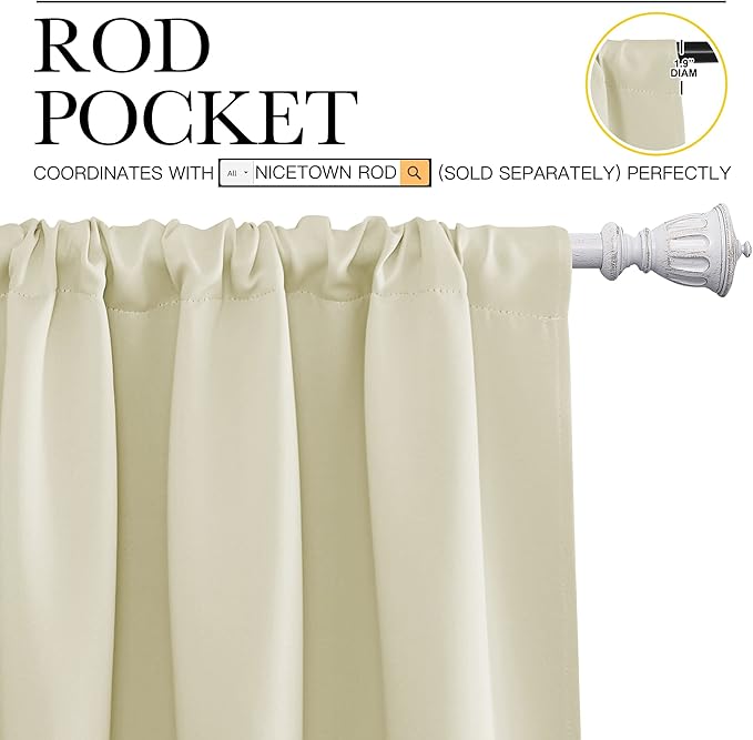 NICETOWN Blackout Curtains for Bedroom, Home Decorations Thermal Insulated Solid Rod Pocket Blackout Drapes for Cafe (Beige, One Pair, 42 x 45-inch) - Image 3