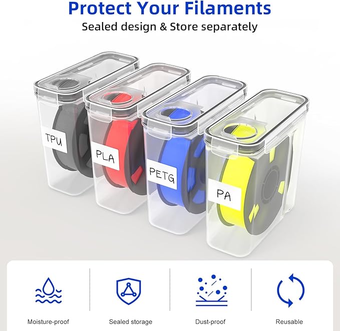 Filament Storage Box - 4 Pack 3D Printing Filament Container with Thick Silicone Seal, Dust-Proof Reusable Organizer with Writable Labels for 1.75mm PLA, ABS, PETG, TPU, PA (9.05"×8"×3") - Image 4