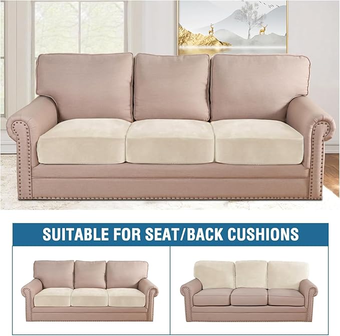 H.VERSAILTEX Velvet Stretch Couch Cushion Cover Plush Cushion Slipcover for Chair Loveseat Sofa Cushion Furniture Protector Seat Cushion Sofa Cover (3 Piece Sofa Cushion Covers, Cream) - Image 3