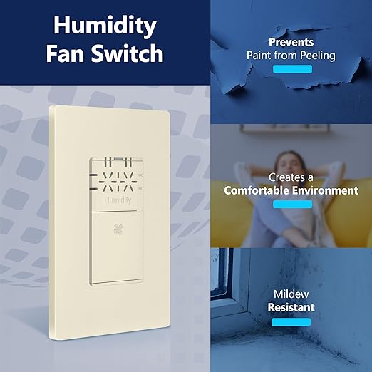 LIDER No Neutral Wire Required Humidity Sensor Switch, Automatic Humidity Control, Air Circulator, Adjustable Timing, 1-Pole, UL Listed, Light Almond, Wall Plate Included 2 Pack - Image 8