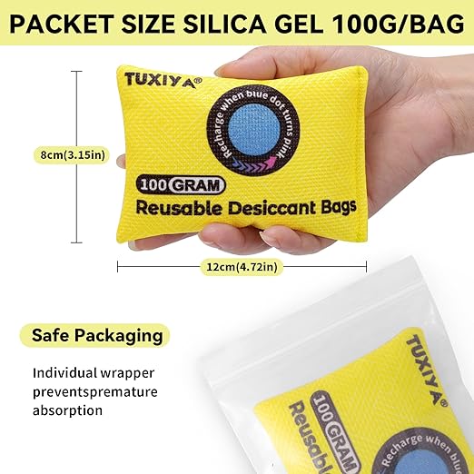 24Pack(100g Each) Rechargeable Silica Gel Desiccant Packets,Color Indicating Desiccant Packs for Storage,Moisture Absorbers for Storage Bins,Suitcase,Safes,3D Filaments,Wet Zones and Cars - Image 2