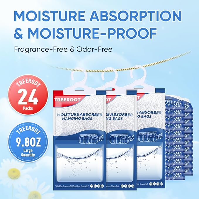 24 Pack Moisture Absorbers for Closet, 9.8OZ Hanging Closet Dehumidifier Bags, Hanging Humidity Absorber in Wardrobes, Kitchens and Bathrooms - Image 2