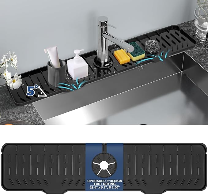 24" Splash Guard Plus Size Silicone Sink Faucet Drying Mat Handle Drip Catcher Tray Dish Sponge Holder Kitchen Accessories Protector Home Organization Gadgets Organizer by BFONS