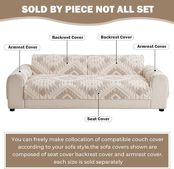 Boho Plush Couch Covers for Sofa Washable, Fuzzy Soft Couch Cover for Sectional Sofa, Non Slip Jacquard Sofa Cover Furniture Protector for Kids, Pets (Light Coffee,28"x28") - Image 2
